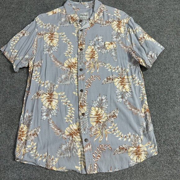 Rhythm Shirt XL Blue Floral Print All Over Short Sleeve 100% Rayon Huckberry - Picture 1 of 5
